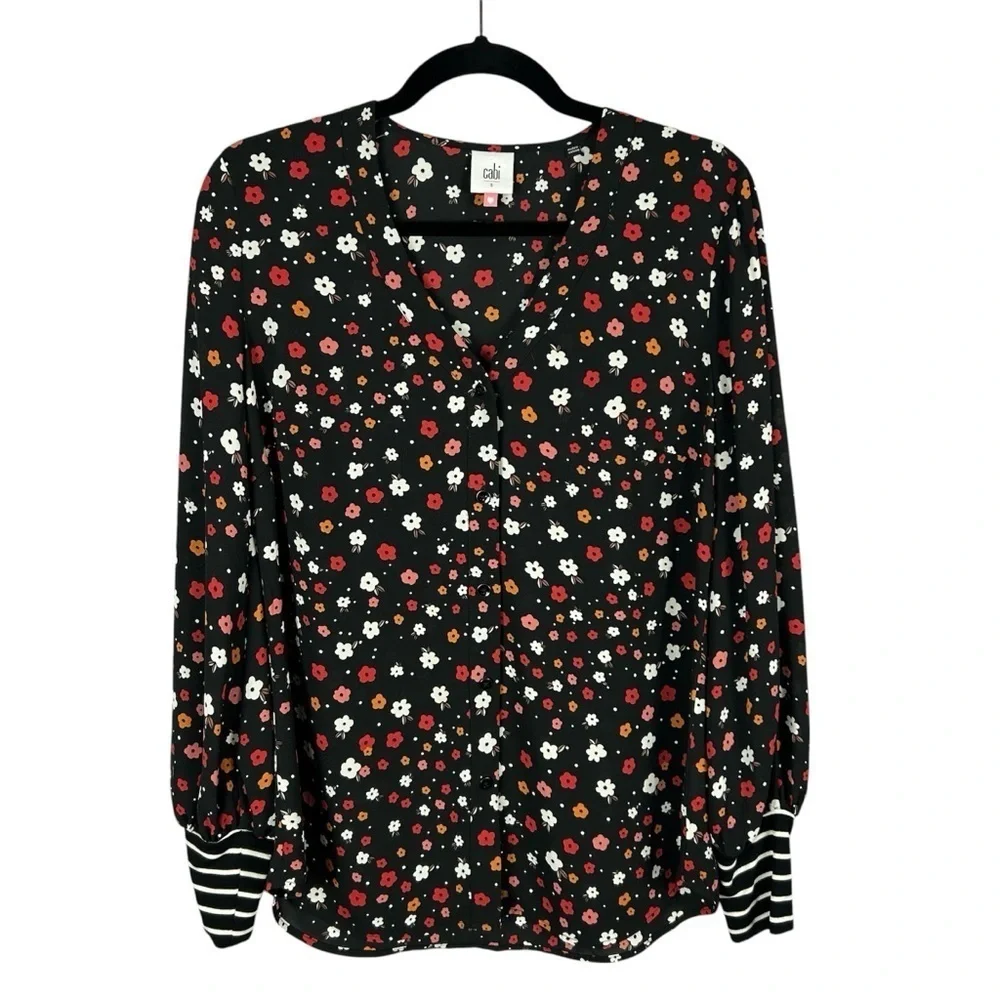 Cabi Floral Long Sleeves Striped Cuffs Button Down Blouse Small Black Red - Picture 2 of 13
